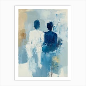 Two Figures In A White And Blue Colour Scheme Are Depicted In An Abstract Oil Painting Art Print