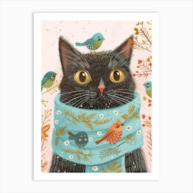 Winter Cat With Birds Art Print