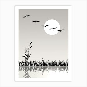 Swamp Pond Grass Reflection Drawing Nature Silhouette Graphic Art Stylized Monochrome Birds Herons Fly Sun Summer Landscape Art Print