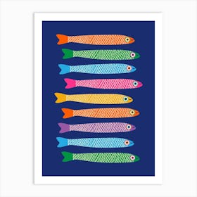 ANCHOVIES Retro Swimming Fish Horizontal in Rainbow Pink Purple Blue Orange Green Yellow on Royal Blue Art Print