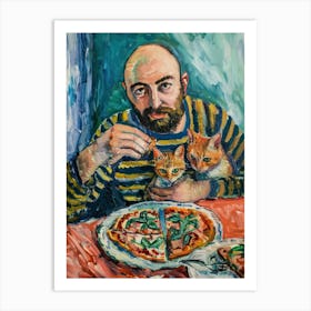 Portrait Of A Man With Cats Eating Pizza 1 Art Print