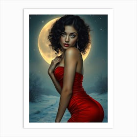 Beauty in Red Dress at Full Moon Art Print