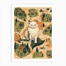 White Cat On A Medieval Forest Map Art Print