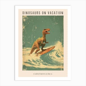 Vintage Corythosaurus Dinosaur On A Surf Board 2 Poster Art Print