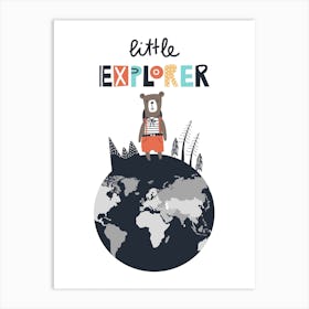 Little Explorer Bear On The World Kids Art Print
