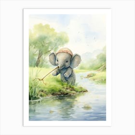 Elephant Painting Fishing Watercolour 2 Art Print