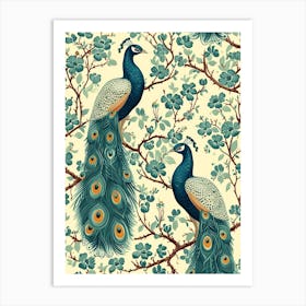 Floral Turquoise Peacock Wallpaper Art Print