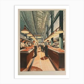 Customers In A Market Hall Illustration Art Print