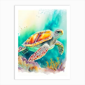A Single Sea Turtle In Coral Reef, Sea Turtle Watercolour 1 Art Print