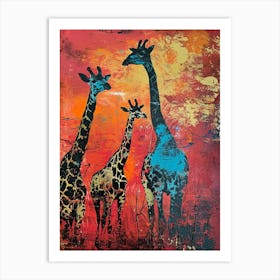 Giraffe Herd In The Red Sunset 4 Art Print