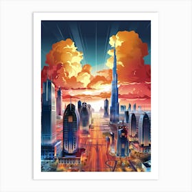 Anime Canvas Art: Vibrant Dubai Cityscape at Sunset, Skyscrapers Bathed in Golden Light, Dramatic Fiery Clouds and Glowing Streets, Perfect for Lofi Urban Aesthetic and Skyline Enthusiasts. Art Print