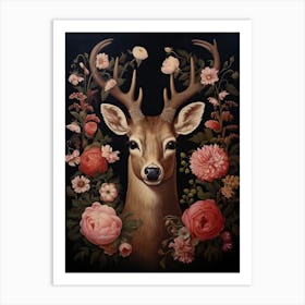 Deer Portrait With Rustic Flowers 0 Art Print