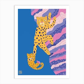 Mother Leopard And Her Baby Are Climbing The Mountain Art Print