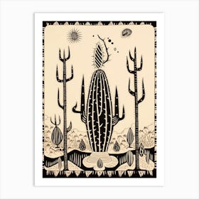 B&W Cactus Illustration Fishhook Cactus 3 Art Print