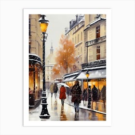 Paris cafes, winter season, Christmas, autumn oil colors, pale colors, pedestrians in the street, winter clothes, falling snow.9 1 Art Print