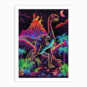 Neon Dinosaur With Volcano 1 Art Print