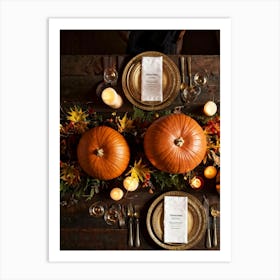 Autumnal Thanksgiving Table Setting Centering An Organic Pumpkin Surrounded By A Bounty Of Golden (5) Art Print