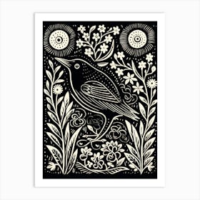 B&W Bird Linocut Blackbird 1 Art Print