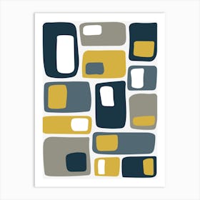 Mid Century Funky Geometric Shapes Navy Blue, Mustard Yellow Art Print