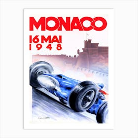 Vintage advertising poster promoting the Monaco Grand Prix which is a Formula One motor race held each year on the Circuit de Monaco. Run since 1929, it is widely considered to be one of the most important and prestigious automobile races in the world. 1 Art Print