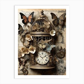 Clock And Butterflies Art Print