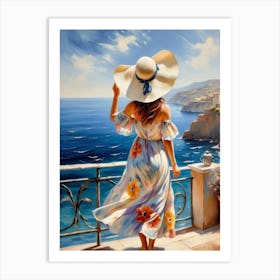 Woman in summer dress looking at the sea Art Print