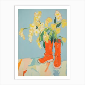 Painting Of Yellow Flowers And Cowboy Boots, Oil Style 4 Art Print
