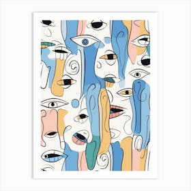 Blue Abstract Face Line Drawing Art Print