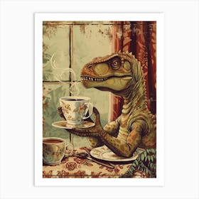 Dinosaur Drinking Coffee Retro Collage 1 Art Print