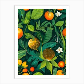 Seamless Pattern With Oranges And Flowers Art Print