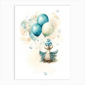 Baby Peacock Flying With Ballons, Watercolour Nursery Art 1 Art Print