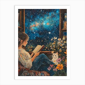 Girl Reading Book with Her Cat 8 Art Print