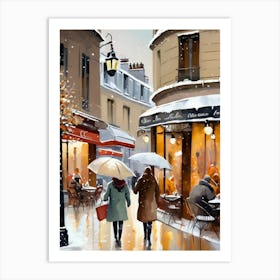 Paris cafes, winter season, Christmas, autumn oil colors, pale colors, pedestrians in the street, winter clothes, falling snow.Christmas decorations.4 Art Print