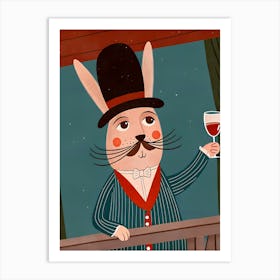 Hare Rabbit Cheers With A Glass Of Wine Art Print