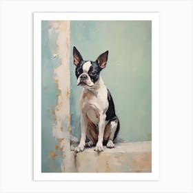 Boston Terrier Dog, Painting In Light Teal And Brown 2 Art Print
