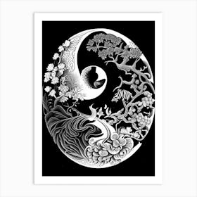 Black And White Yin and Yang 3 Linocut Art Print