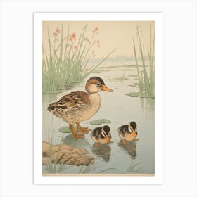 Japanese Woodblock Style Ducklings Art Print