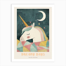 Pastel Storybook Style Unicorn Sleeping In A Duvet With The Moon 4 Poster Art Print