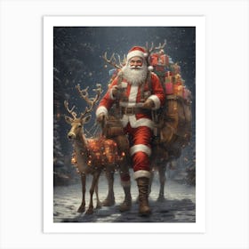 Santa Claus With Reindeer Art Print