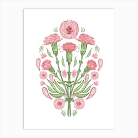 Pink Carnations Bouquet Indian Mughal Style Art Print