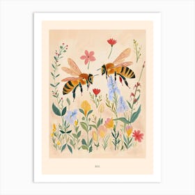 Folksy Floral Animal Drawing Bee Poster Art Print