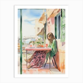 At A Cafe In Essaouira Morocco Watercolour Art Print