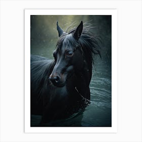 Black Horse In The Water Print Art Print