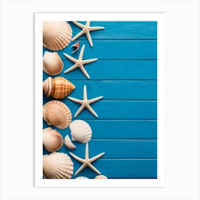 Sea Shells On Blue Wooden Background Art Print