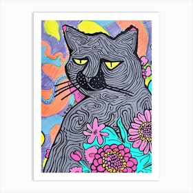 Cute Grey Cat With Flowers Illustration 2 Art Print