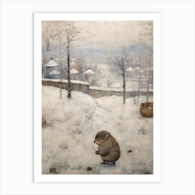 Vintage Winter Animal Painting Hedgehog Art Print