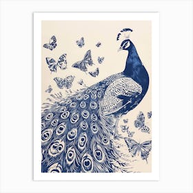 Cream & Navy Blue Peacock With Butterflies Linocut Inspired  3 Art Print