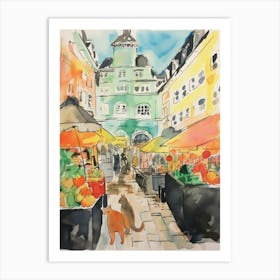 Food Market With Cats In Vienna 3 Watercolour Art Print