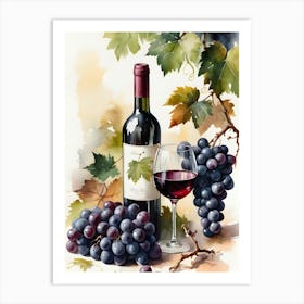 Vines,Black Grapes And Wine Bottles Painting (23) Art Print
