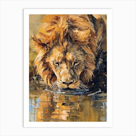 African Lion Drinking From A Watering Hole Acrylic Painting 3 Art Print